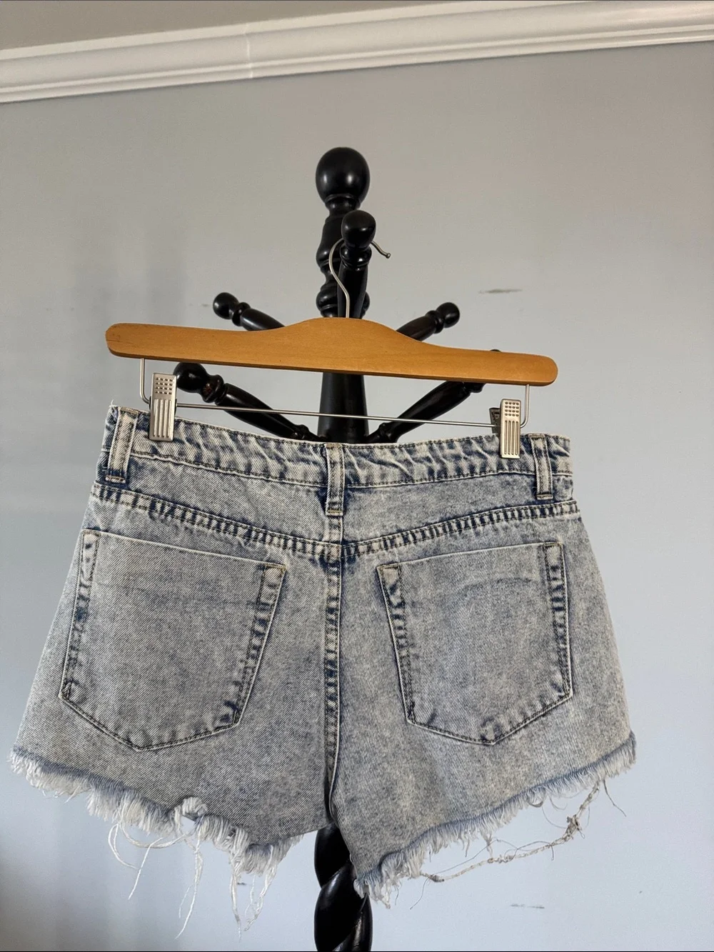 Studded Light-Wash Distressed Denim Shorts